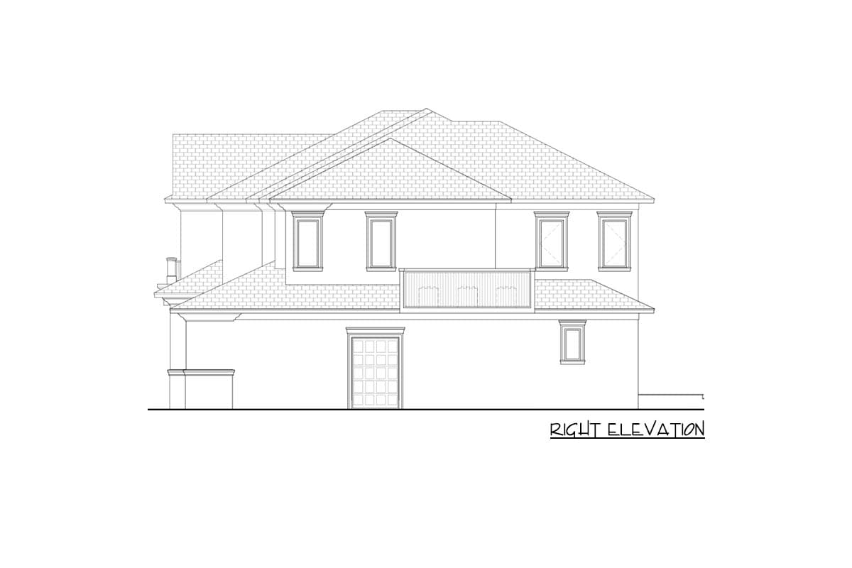 Right elevation of a two-story house plan featuring multiple gables, a second-story balcony, and a prominent roofline.