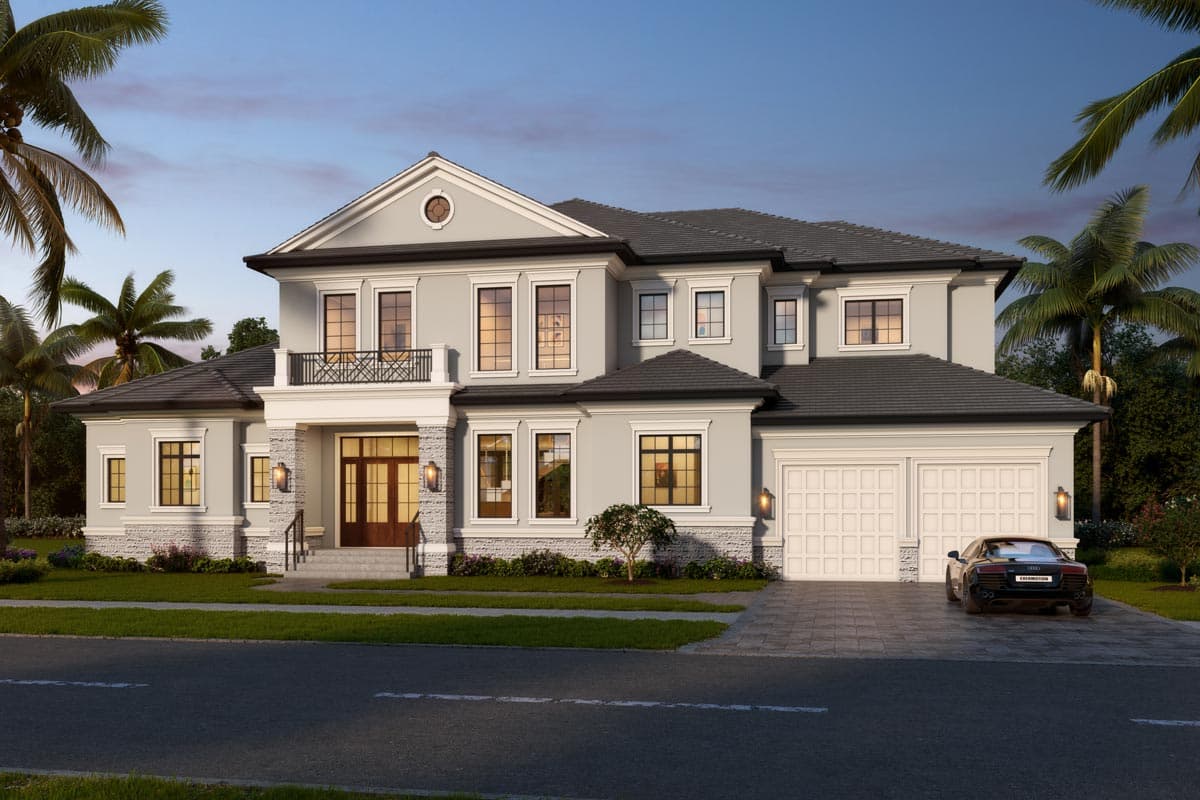 House plan exterior. Two-story home with a portico, balustrade, and two-car garage. Features include a gabled roofline and eyebrow window.