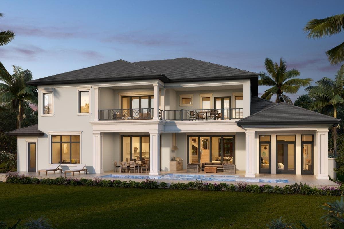 House plan exterior: Two-story home with balconies, covered patio, and swimming pool.