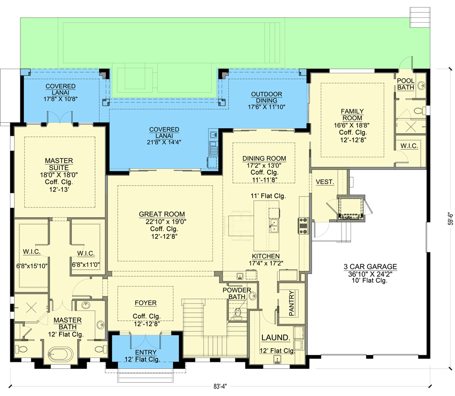 Plan 65750BS: Southern Traditional Home Plan with Elevator and Large Covered Lanai - Floor Plan - Main Level - Coastal, Florida-Style, Southern, Southern Traditional, Traditional