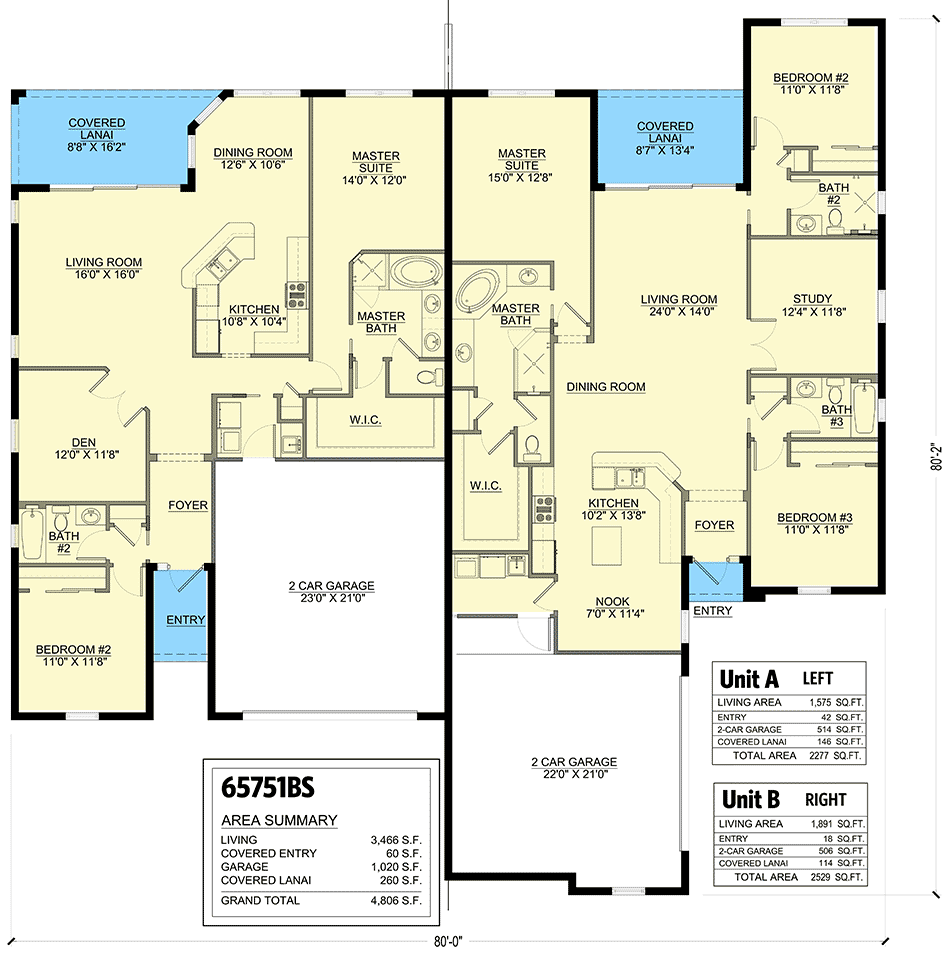 Plan 65751BS: Coastal Contemporary Duplex with a 2-Bed and 3-Bed Asymmetric Units - Floor Plan - Main Level - Coastal, Contemporary, European, Florida-Style, Mediterranean