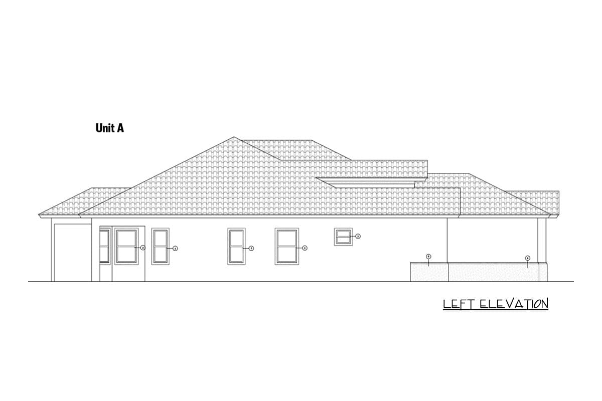 Unit A, left elevation house plan showing a single-story structure with hip roof, multiple windows, and covered patio.