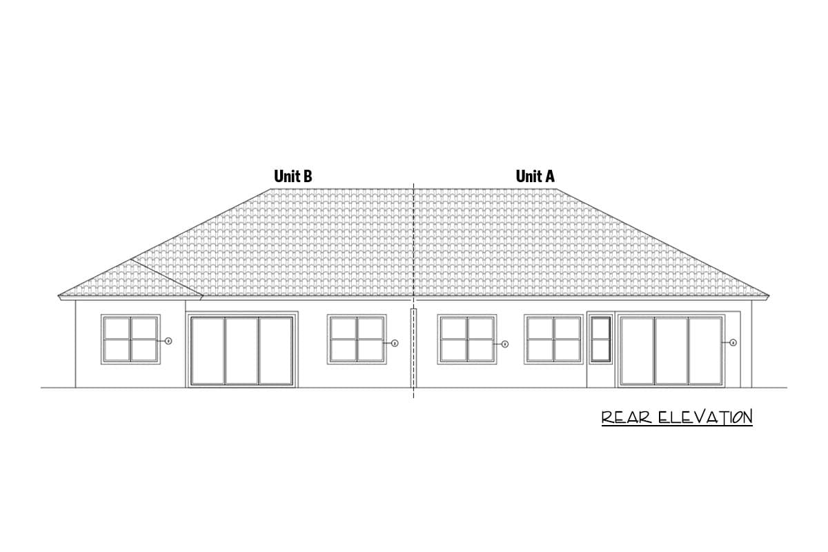Rear elevation drawing of a duplex, Unit A and Unit B, with a single-slope roof, windows, and sliding glass doors.