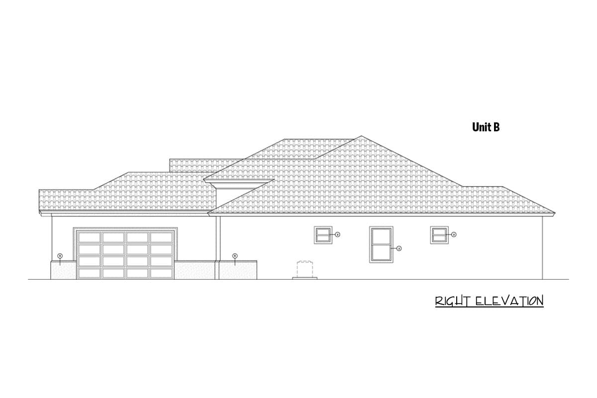 House plan right elevation drawing for Unit B, showing a single-story structure with a two-car garage and varied rooflines.