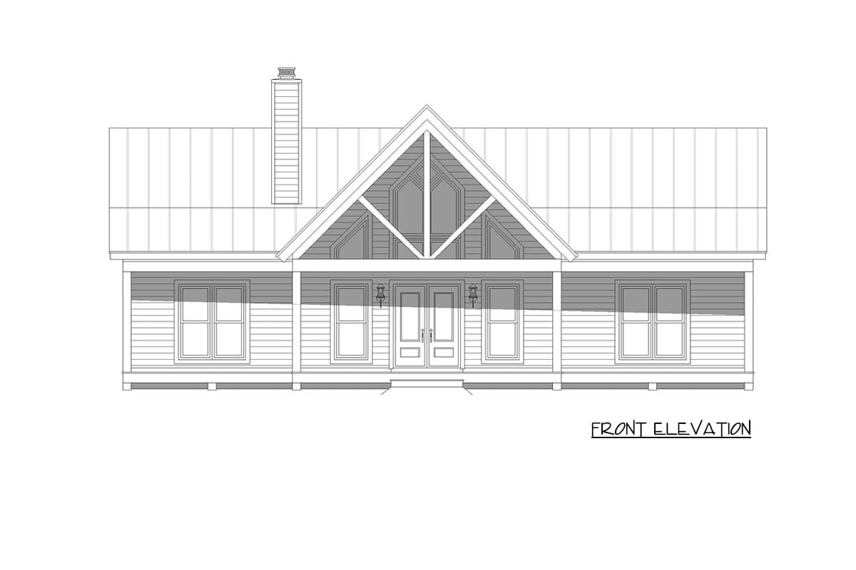 Front elevation drawing of a one-story house with a prominent gable, wide porch, and double entry doors.