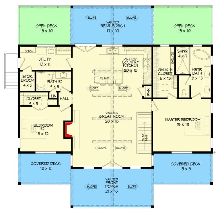 Plan 68849VR: Mountain Ranch For A Sloping Lot with Decks and Porches Front and Back - 1485 Sq Ft - Floor Plan - Main Level - Country, Craftsman, Mountain, Ranch