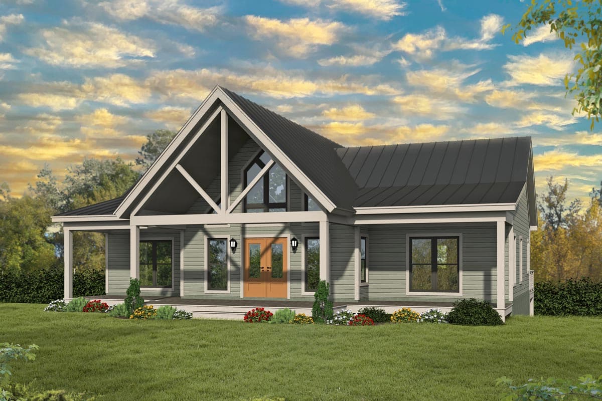 House plan exterior featuring a gable roof, covered porch, and a contrasting exposed beam detail. The home is one story with multiple windows.