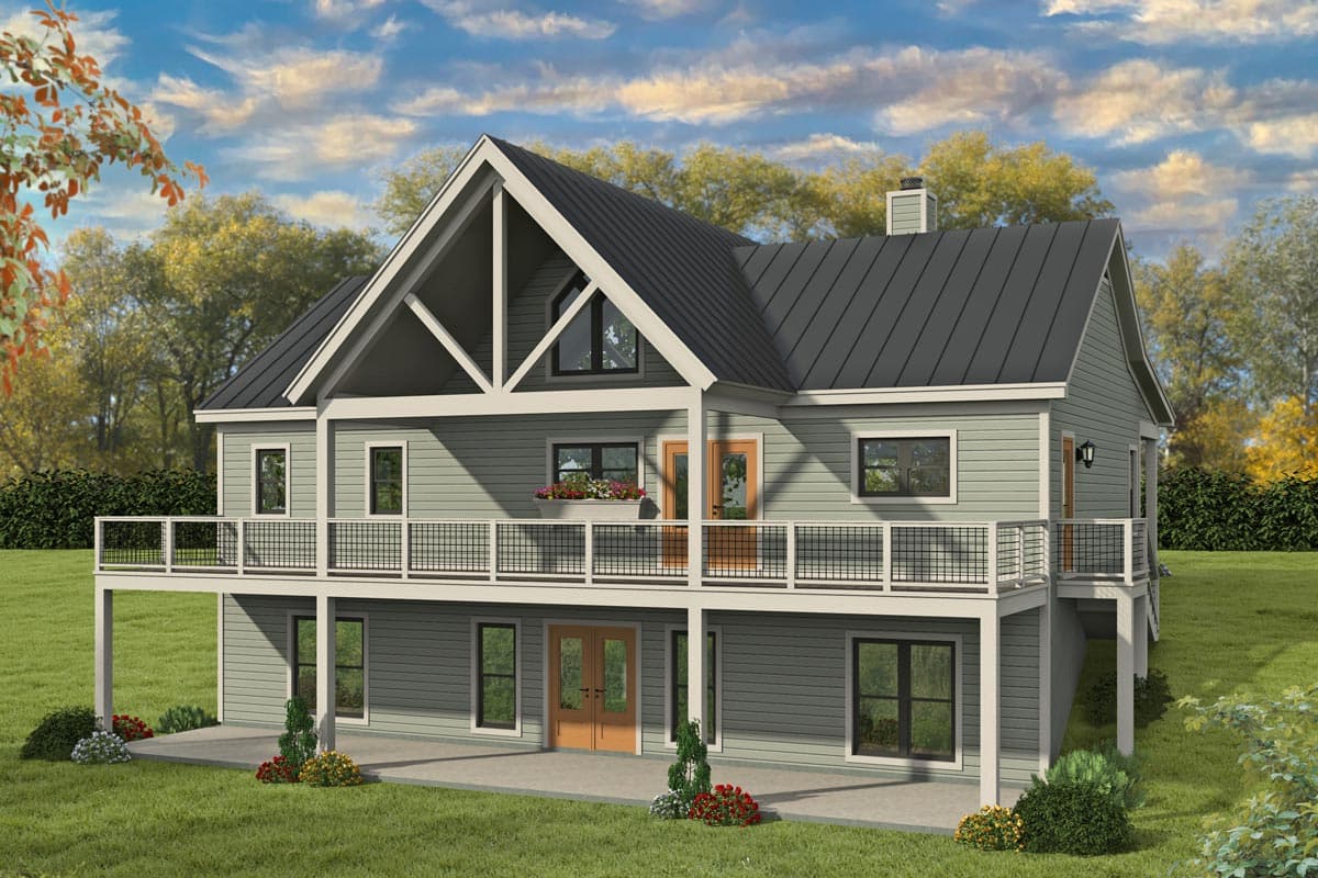 House plan exterior: two-story with wraparound deck, prominent gabled front with exposed rafters, and lower-level walkout.