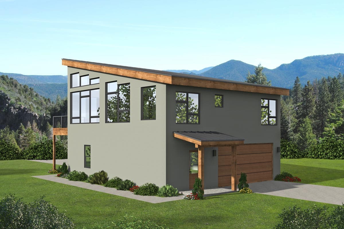 Modern house plan exterior featuring a steeply pitched asymmetrical roof, large windows, a covered entry, and attached garage.