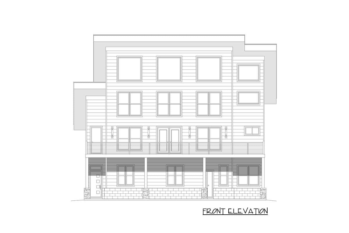 Front elevation drawing of a three-story house plan with horizontal siding, multiple windows, and a covered ground-level porch.