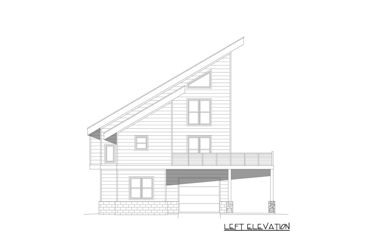 Left elevation drawing of a modern house plan featuring a steeply pitched asymmetrical roof, multiple windows, a deck, and an attached garage.