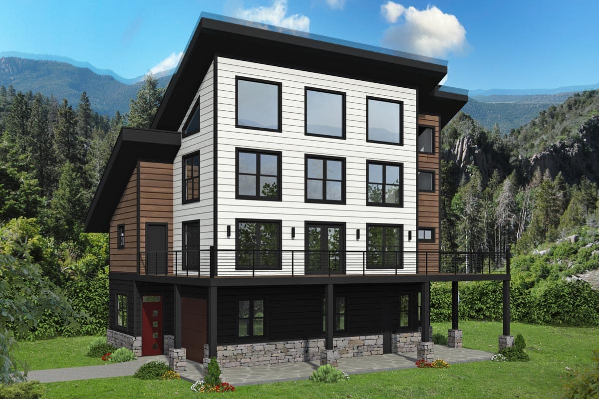 Modern house plan exterior with three stories. Features include a flat roof, elevated deck, and mixed siding. Garage faces forward.