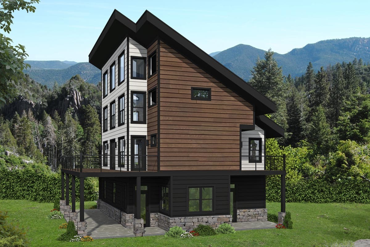 Modern multi-story house plan exterior with angled rooflines, wood and white siding, large windows, and a wraparound deck.