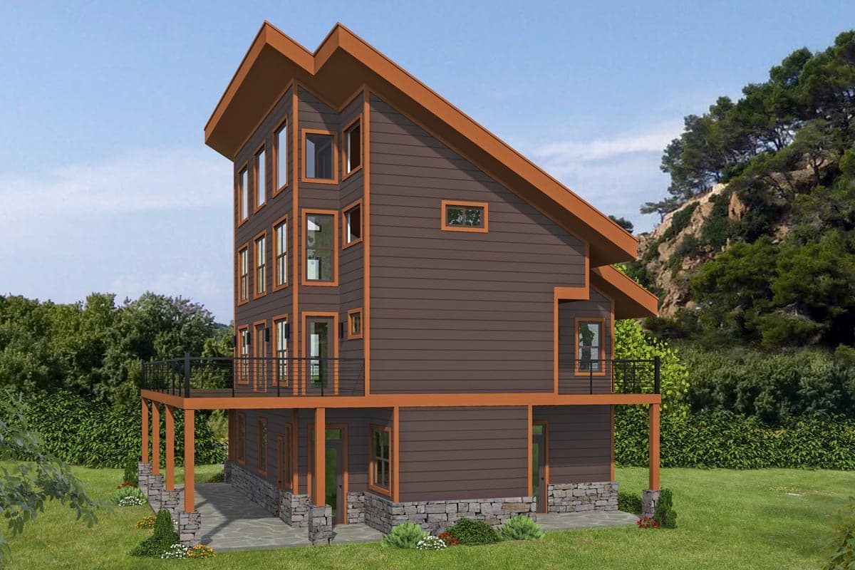 Modern house plan exterior with steep, asymmetric rooflines, horizontal siding, and a wraparound deck supported by stone and wood pillars.