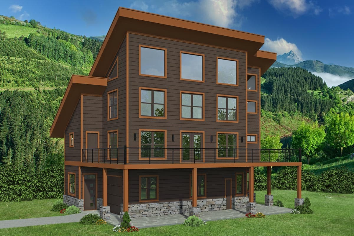 Modern house plan exterior with dark siding, large windows, gabled rooflines, and a wraparound deck.