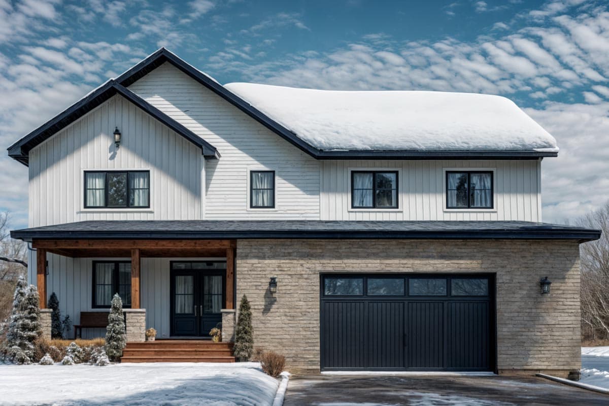 Two-story house with white siding and a black roof covered in snow, has a brick facade with a black garage door and front door. It is winter.