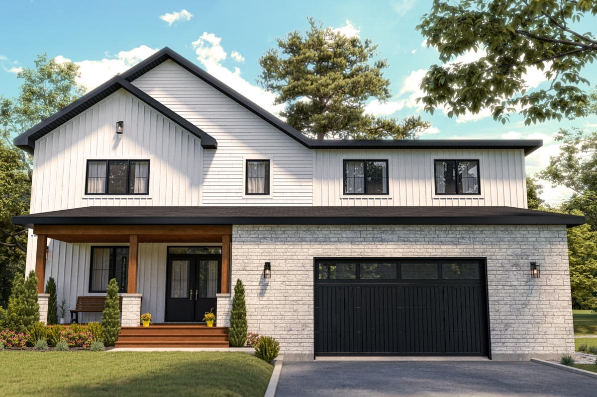 A modern two-story house with white siding and black trim. It has a stone facade on the lower level, a black garage door, and a covered front porch.