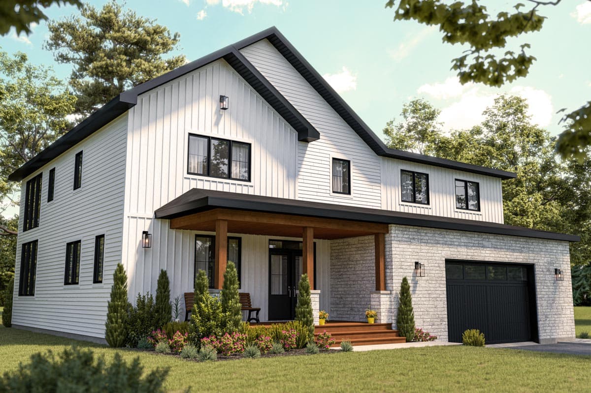 Modern two-story house with white siding, black trim, and a brick accent. The house features a porch, a garage, and landscaping on a grassy lawn.