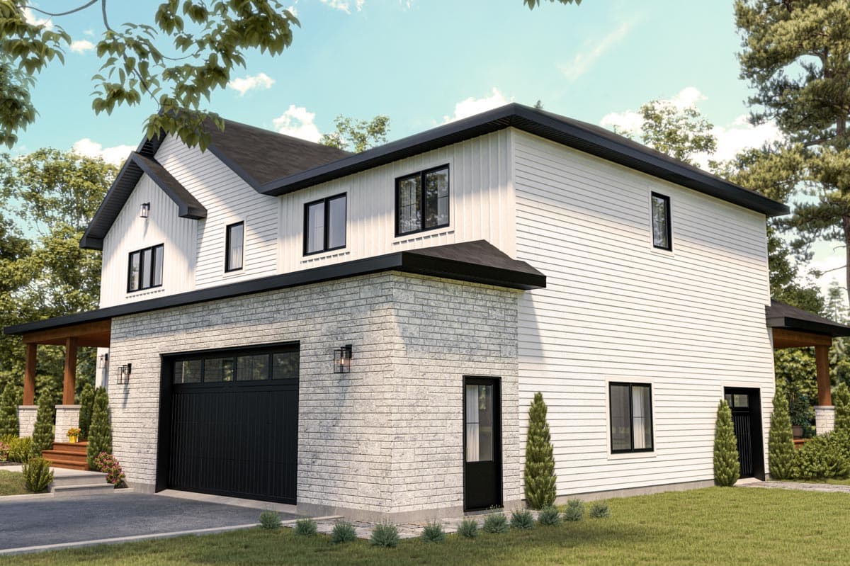 Modern two-story house with white siding and a stone facade. Features a black garage door, windows, and trim, with a covered porch.