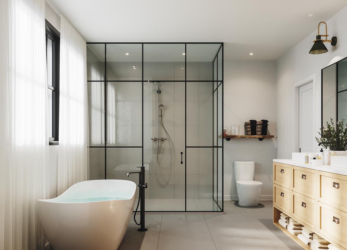 Modern bathroom featuring a freestanding tub, glass-enclosed shower, wood vanity with drawers, and a toilet. Light streams through sheer curtains.
