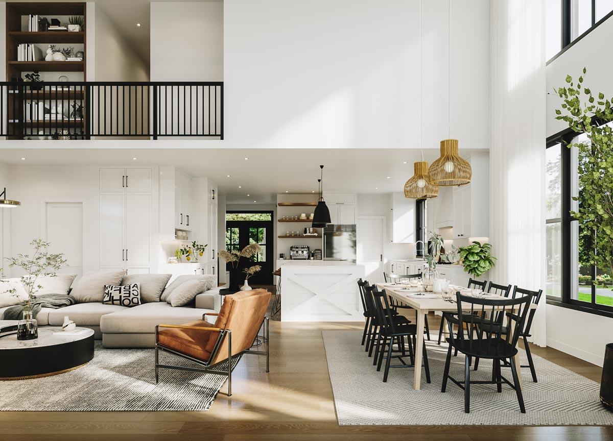 Spacious, modern living space featuring an open floor plan with a kitchen, dining area, and living room. A balcony overlooks the space.