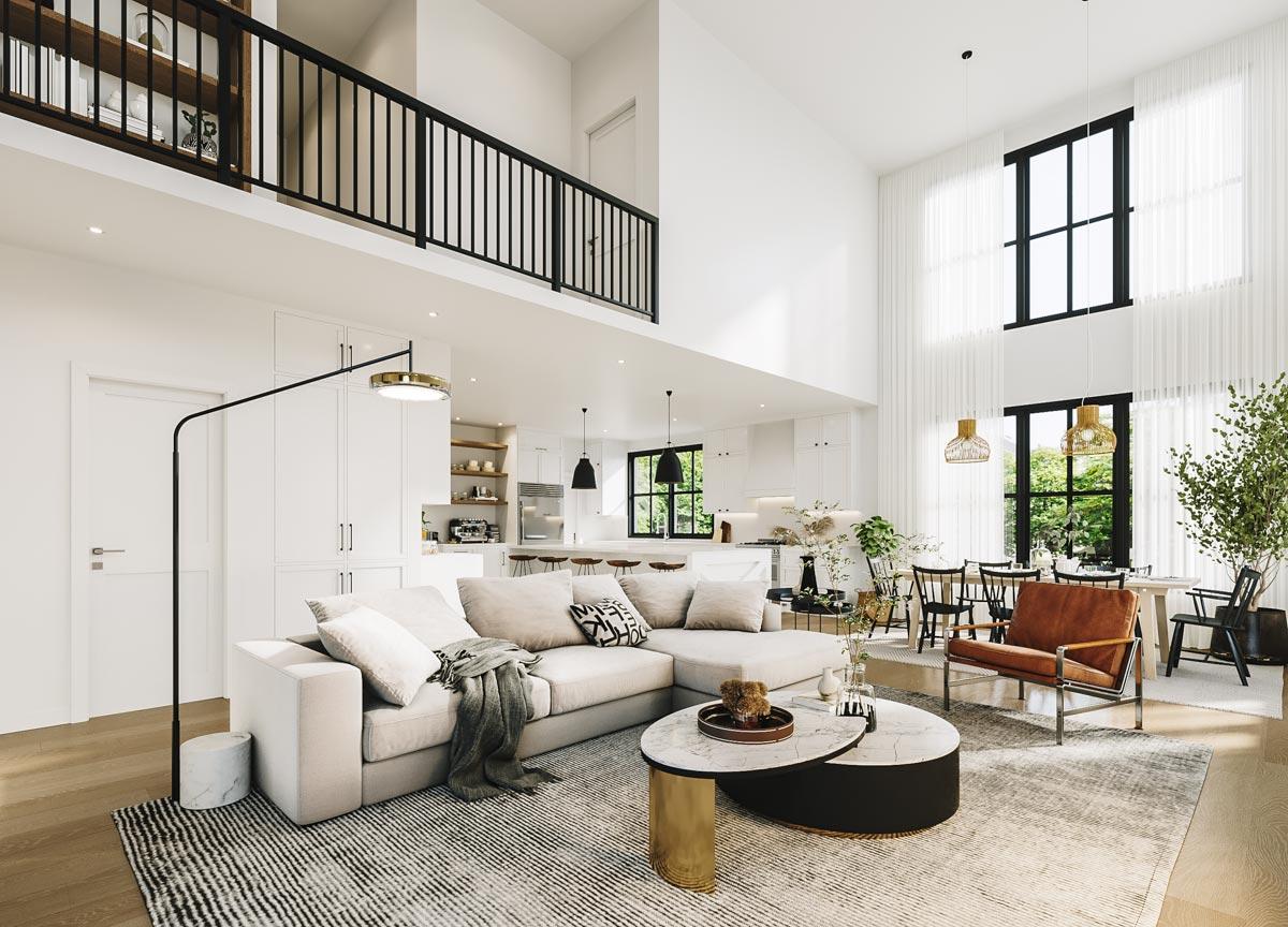 A modern, open-concept living room with a neutral color scheme. Features include a sectional sofa, a black metal balcony, and a dining area.