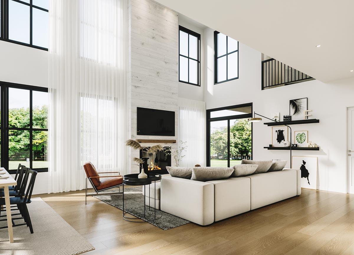 Spacious, modern living room with a fireplace, large windows, and a neutral color scheme. A minimalist design with a focus on natural light.