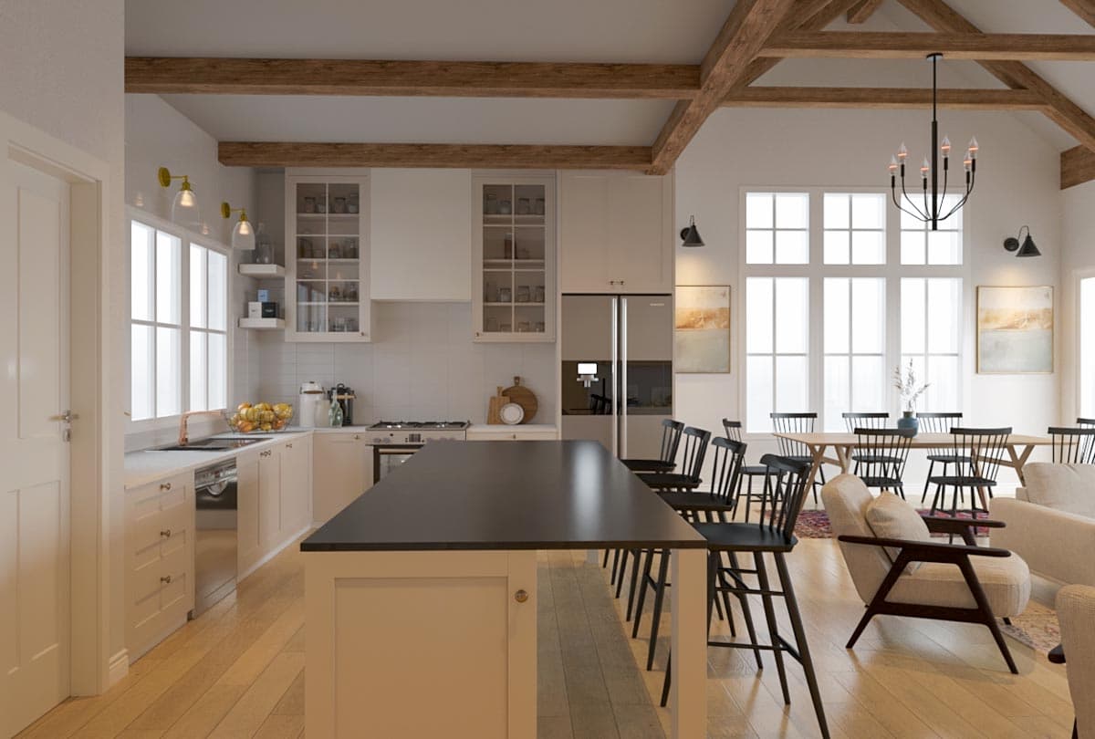 Interior rendering of kitchen and dining area with island, vaulted ceiling with exposed beams, and large windows.