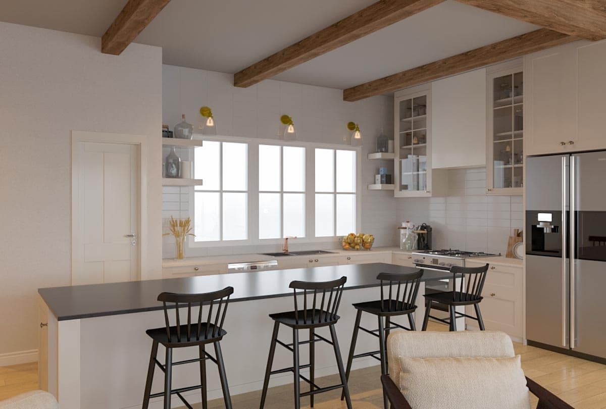 Kitchen rendering with island and seating, exposed ceiling beams, and a large window. Includes refrigerator and range with vent hood.