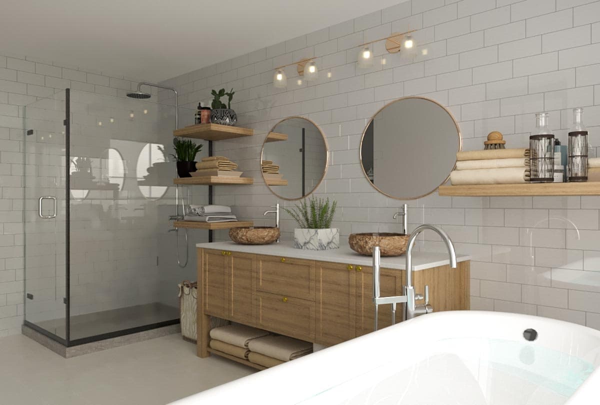 Bathroom rendering with walk-in shower, floating shelves, and double vanity with round mirrors. Freestanding tub is in the foreground.