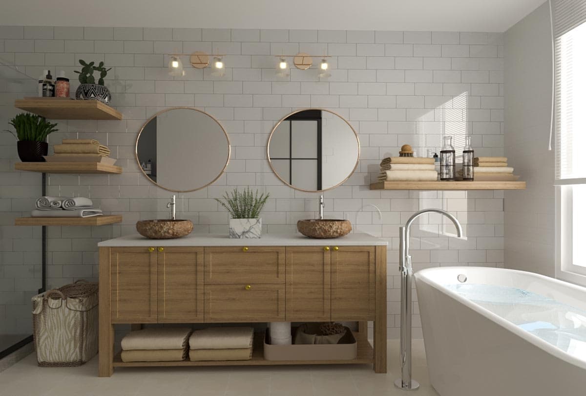 Bathroom rendering with double vanity, round mirrors, and a freestanding bathtub. Features floating shelves, and vessel sinks.