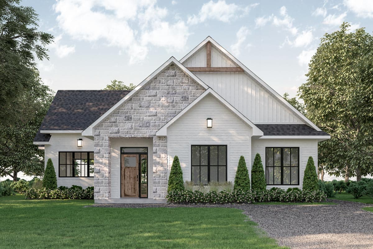 House plan exterior featuring a one-story, farmhouse style. Highlights include a stone facade, gabled roof, and black-framed windows.
