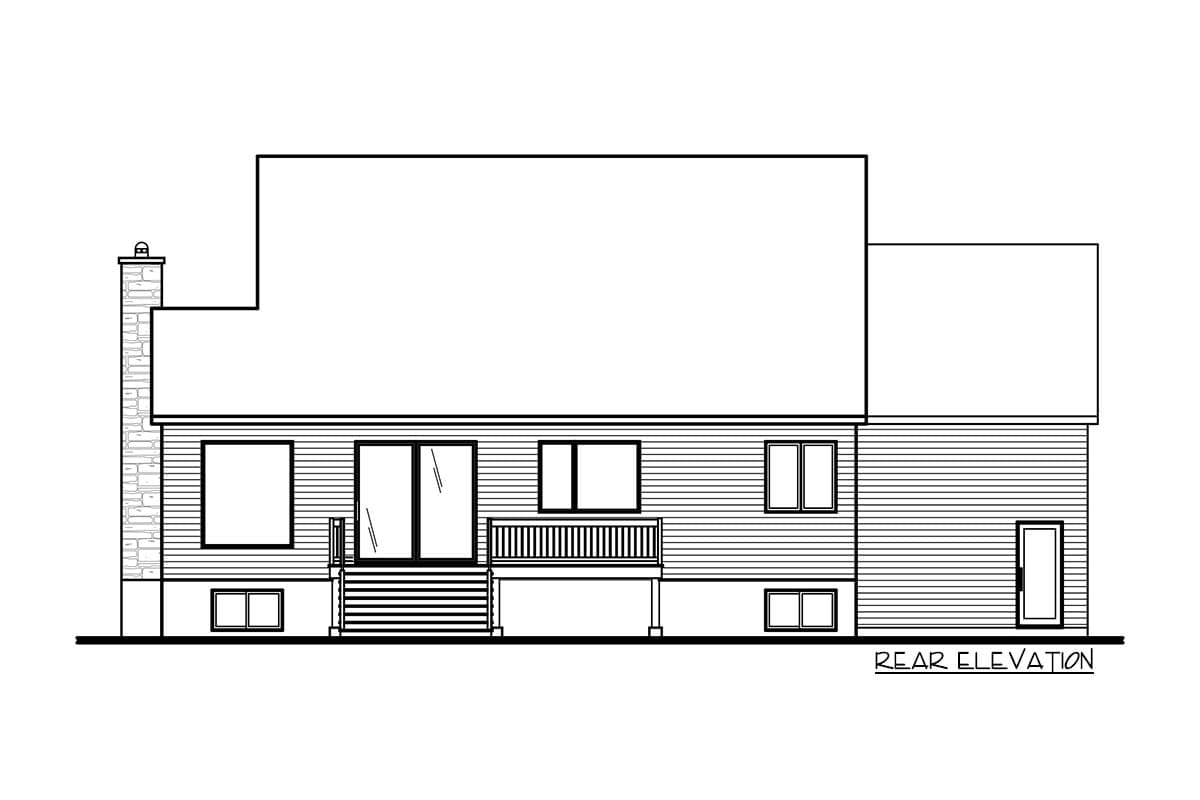 Rear elevation drawing of a house with a stone chimney, deck, and multiple windows.