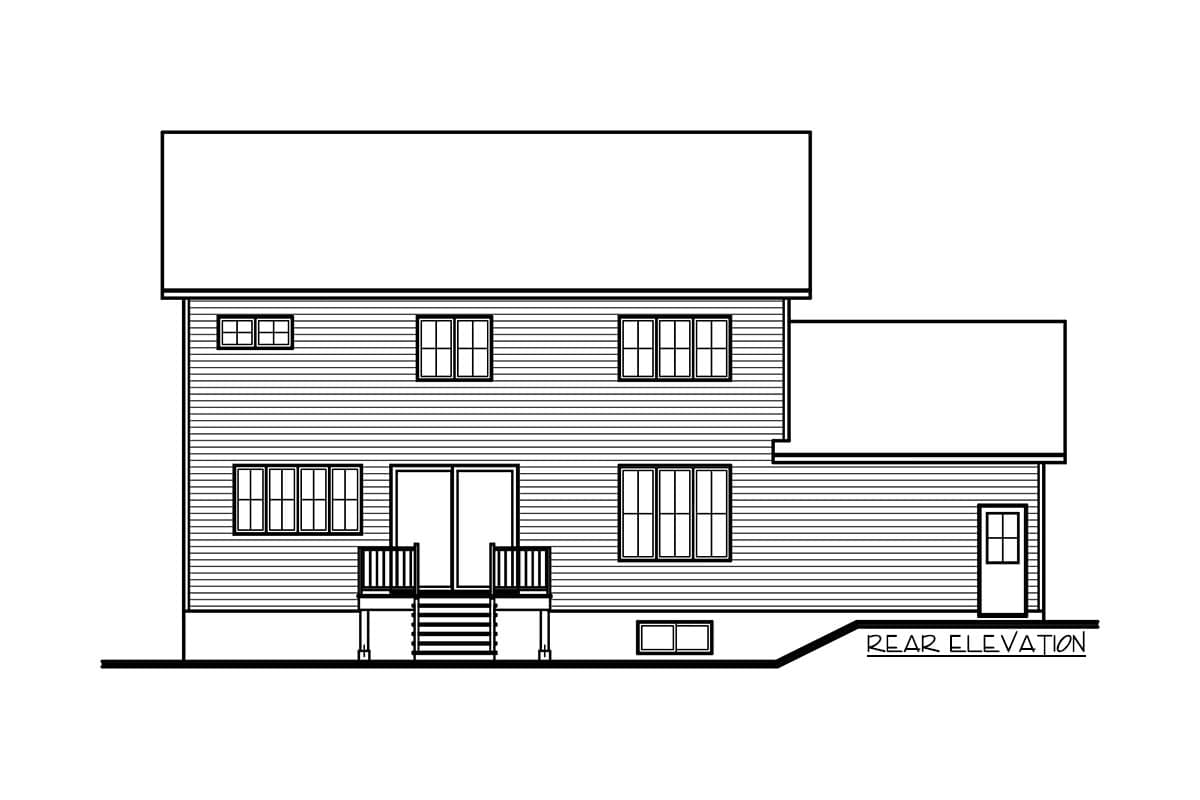 Rear elevation drawing of a two-story house with horizontal siding, a central double door, and multiple windows.