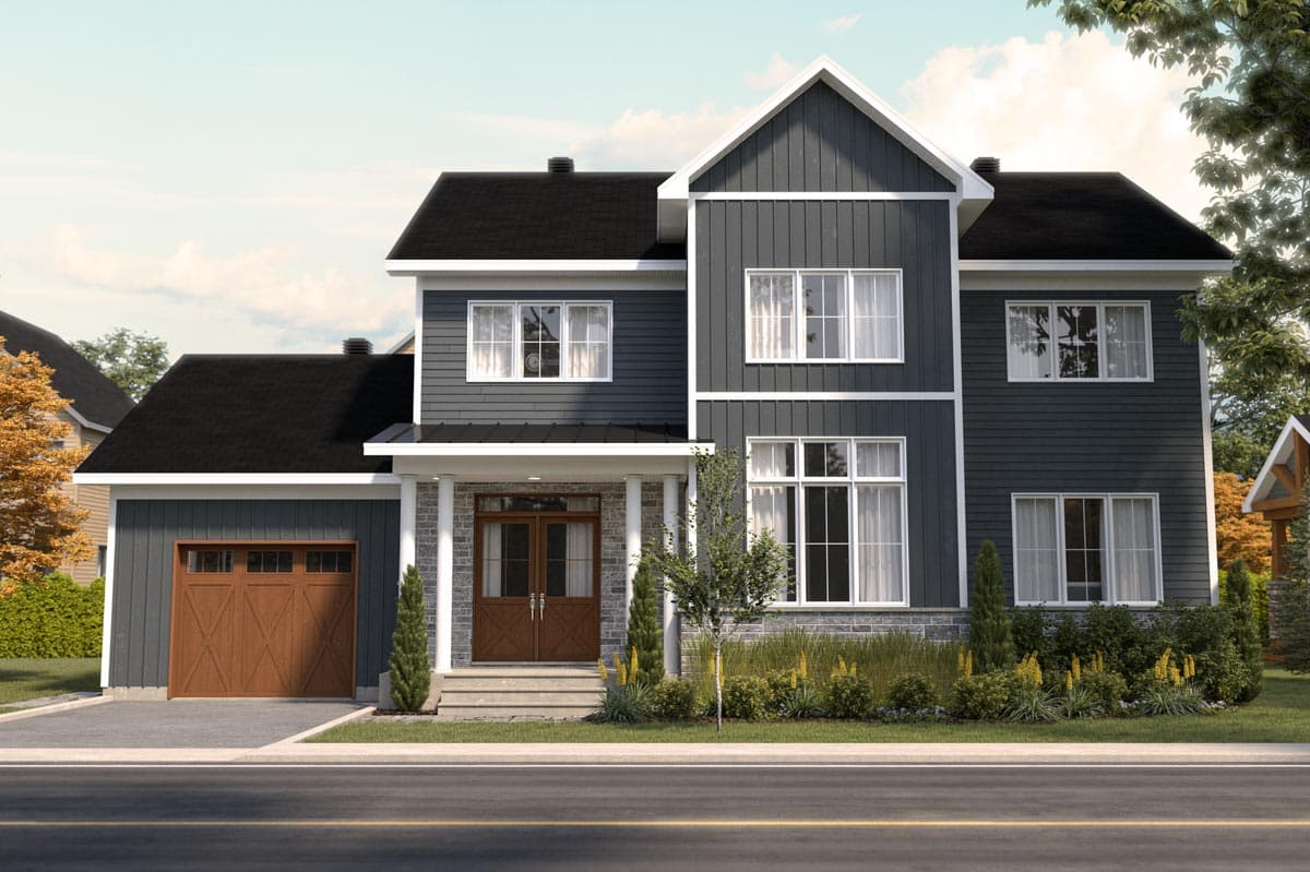House plan exterior. Two-story Modern house with gabled roof, covered entry porch supported by columns, and attached garage with a brown door.