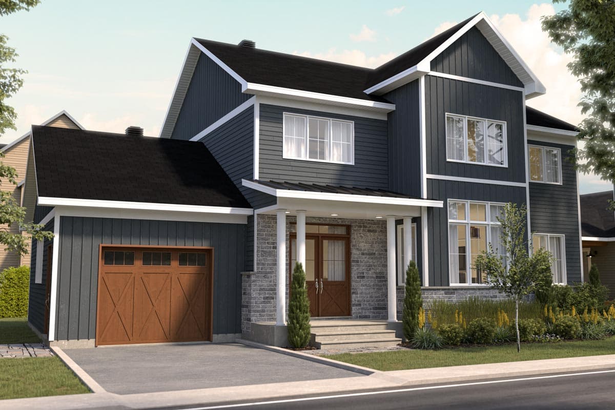 Two-story house plan exterior with vertical siding, a covered porch with columns, stone accents, and a side-facing garage with wood door.