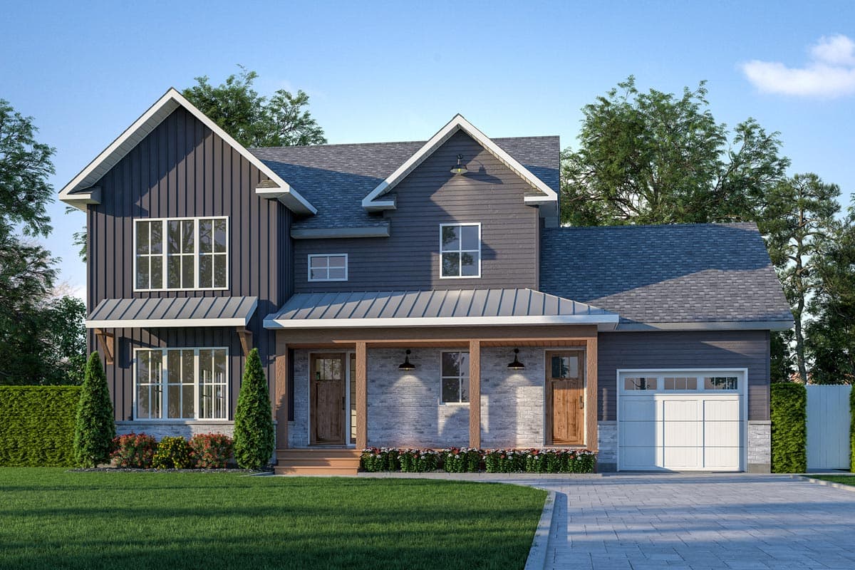 House plan exterior with two stories. Features include a front porch with exposed beams, gables, and a detached garage.