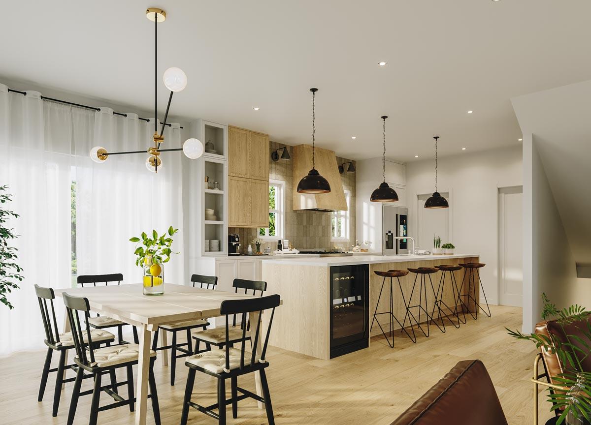 Modern kitchen and dining area featuring a large island with seating, light wood cabinetry, pendant lighting, and a dining table with chairs.