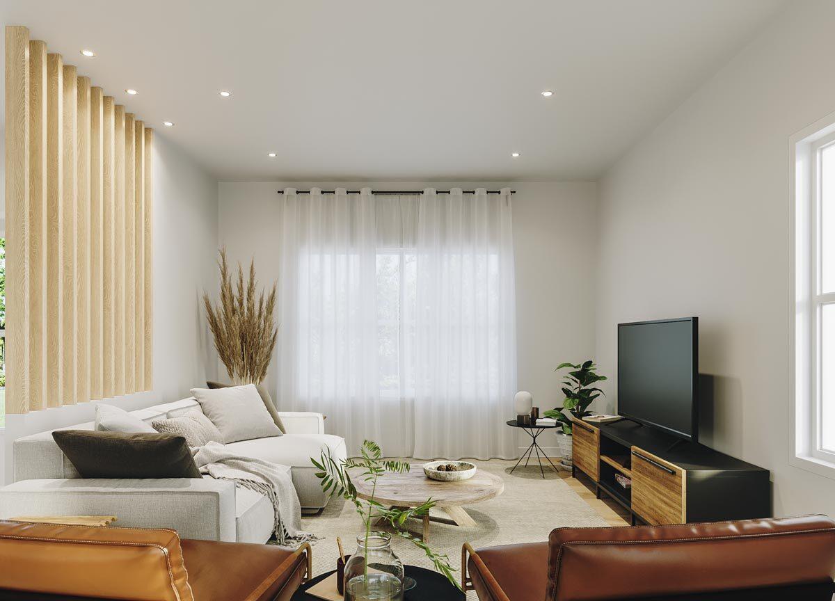 Living room with sectional sofa, wooden slat accent wall, coffee table, and media console with television.