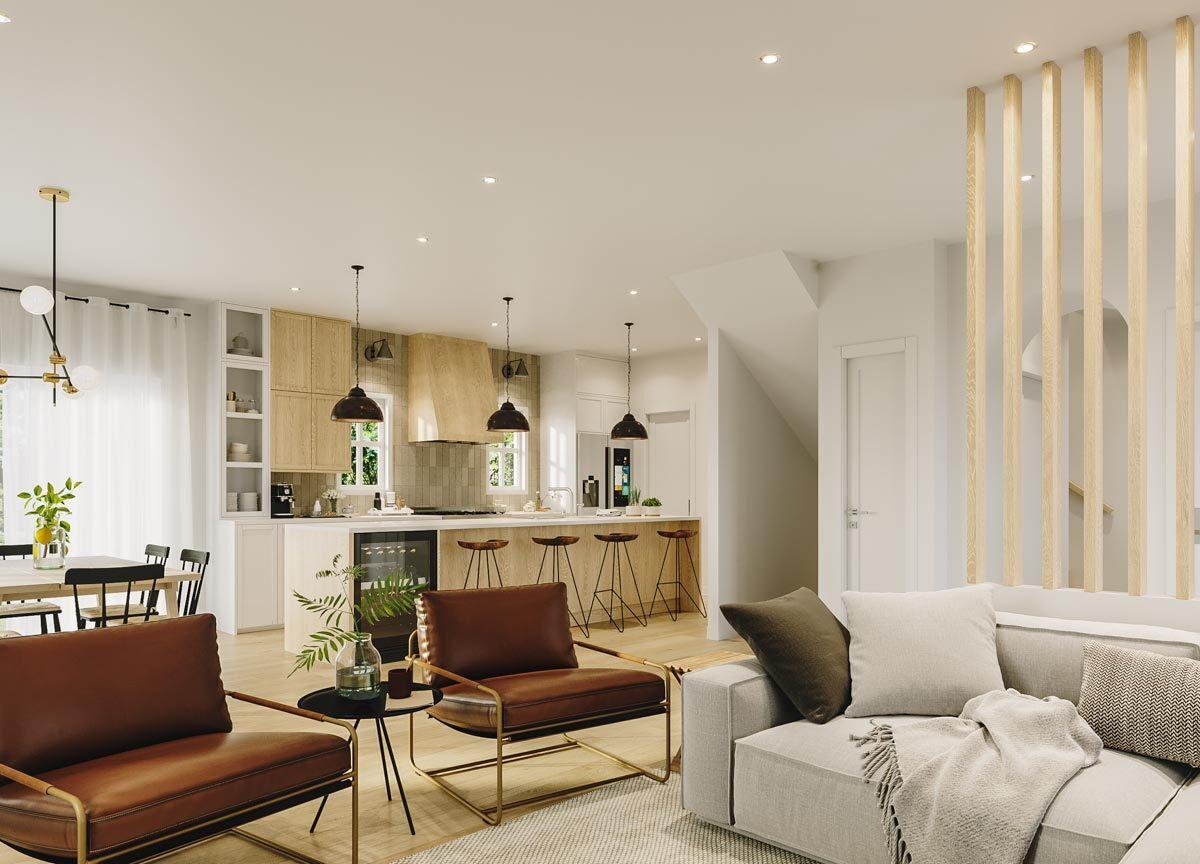 Modern open-concept living area with kitchen island, seating, and dining nook. Slatted wood feature by stairs.