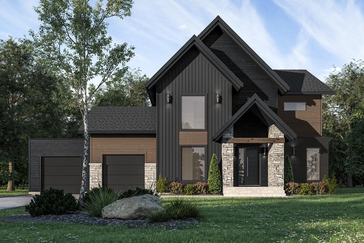 House plan exterior. Two-story modern house with gabled roof, stone accents, vertical siding, and attached garage with black doors.