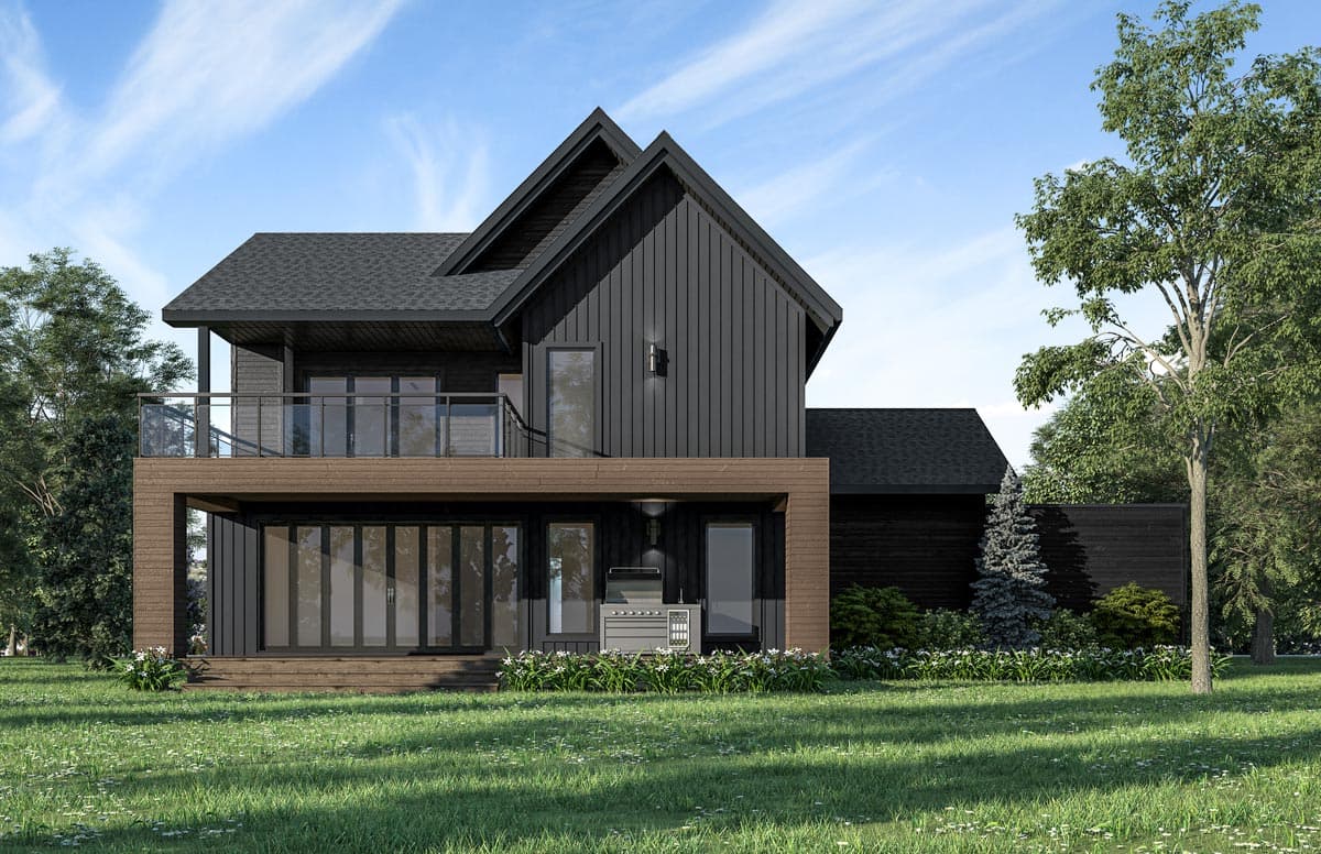 Modern house plan exterior: two stories, gable roof, balcony, covered patio with bi-fold doors and outdoor grill.