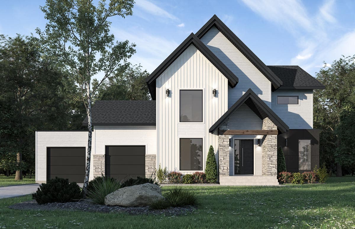 Modern two-story house plan exterior with board and batten siding, stone accents, gable rooflines, and a two-car garage.