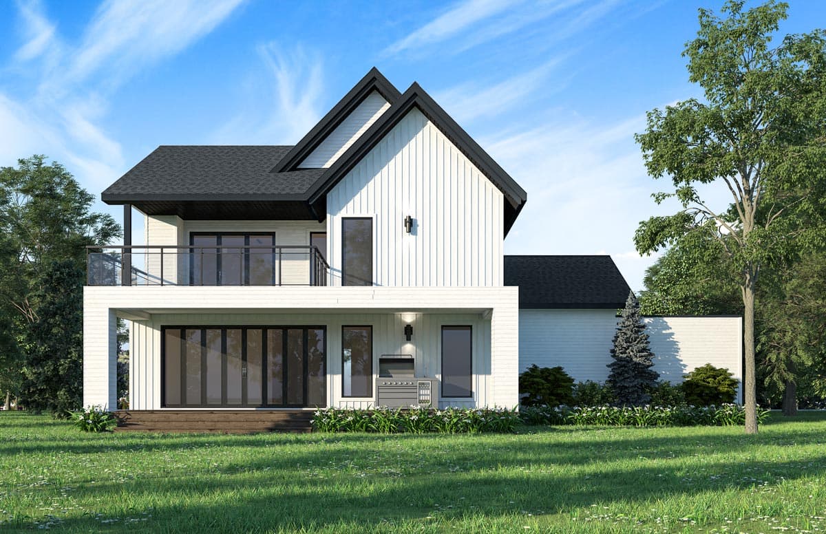 Modern Farmhouse house plan exterior with two stories, large folding glass doors, upper balcony, and board and batten siding.