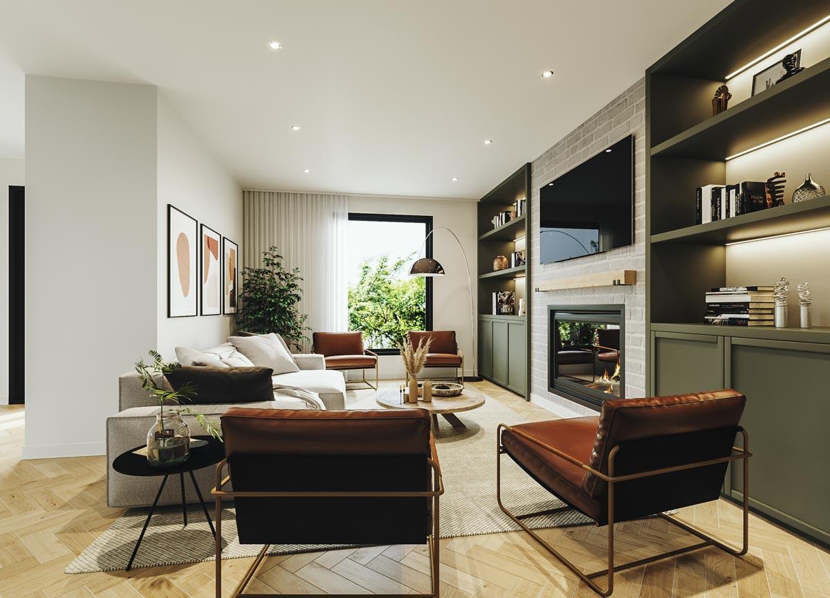 Interior rendering of a living room featuring a fireplace, built-in shelving, a sectional sofa, and leather chairs.