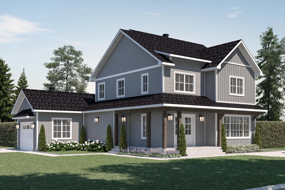 House plan exterior featuring a two-story farmhouse style home with gabled rooflines, a front porch with timber posts, and an attached garage.