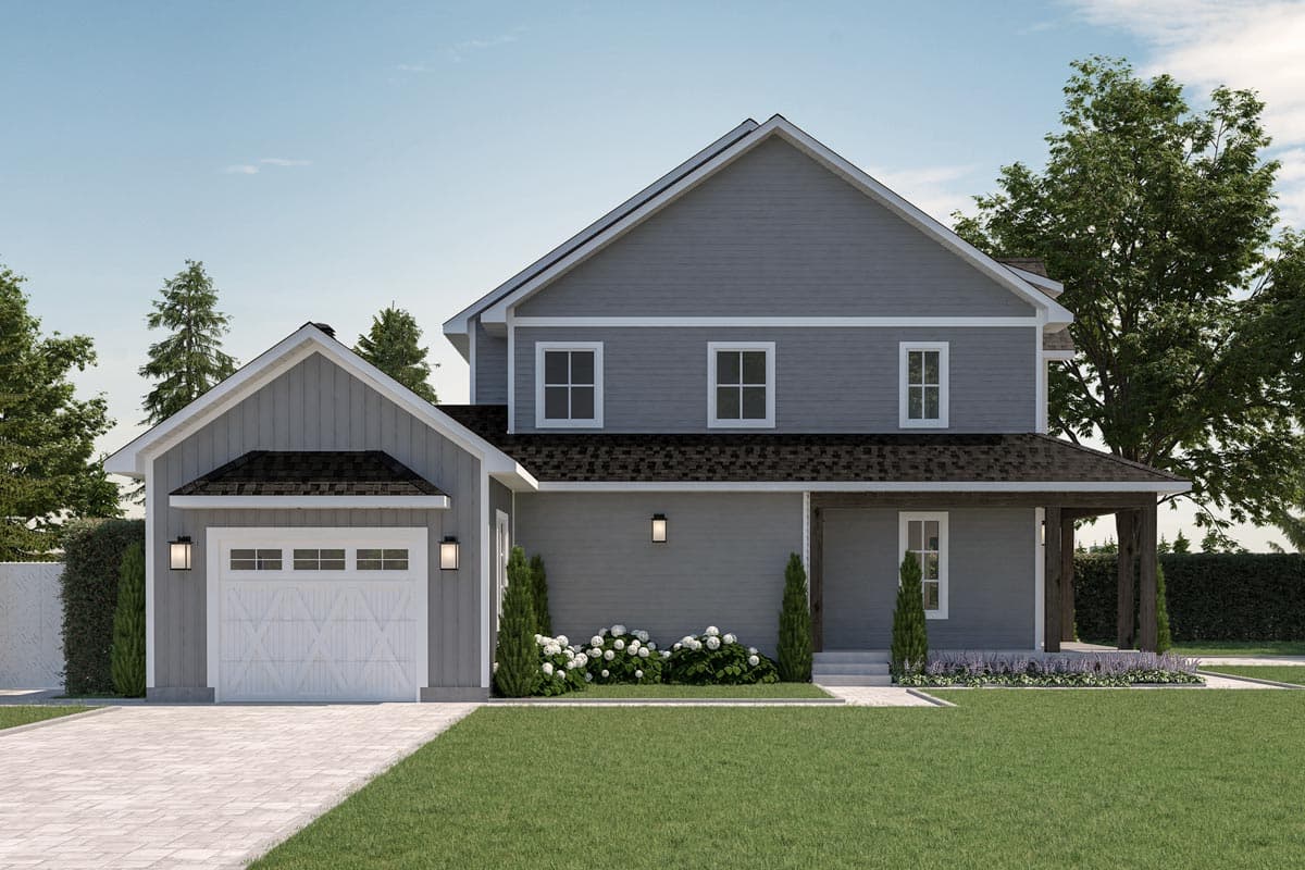 House plan exterior: Modern Farmhouse style, two stories, with a gabled front and an attached garage. Features a covered porch with wood columns.