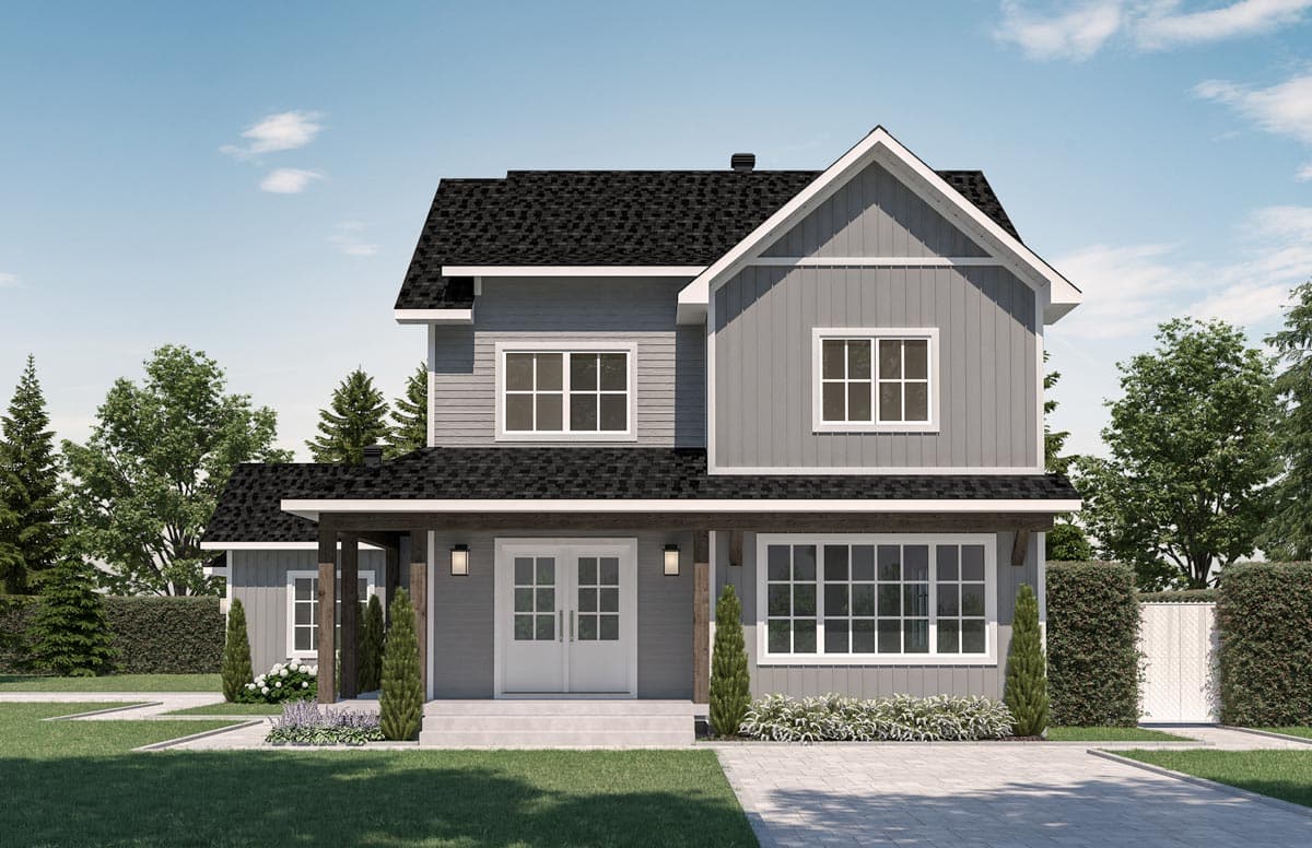 Two-story house plan exterior with gabled dormers, covered porch with wood beams, and large front windows.