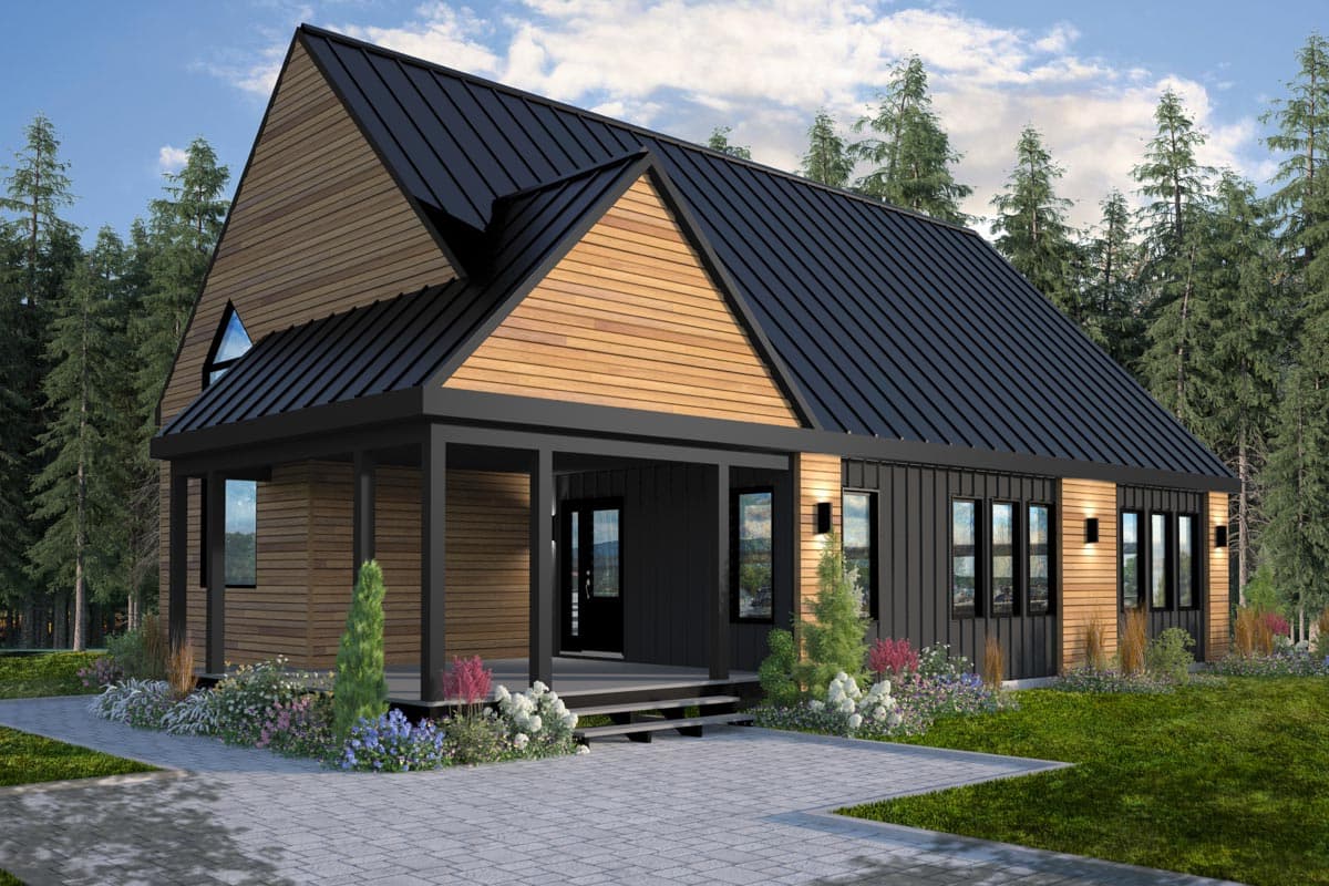 House plan exterior. Modern style with a single story. Features include a covered porch, contrasting siding, and a gabled roofline.
