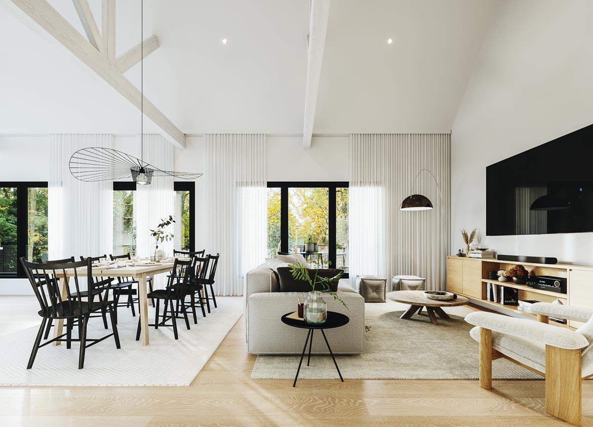 Interior rendering of open-concept living and dining area with vaulted beamed ceiling and large windows.